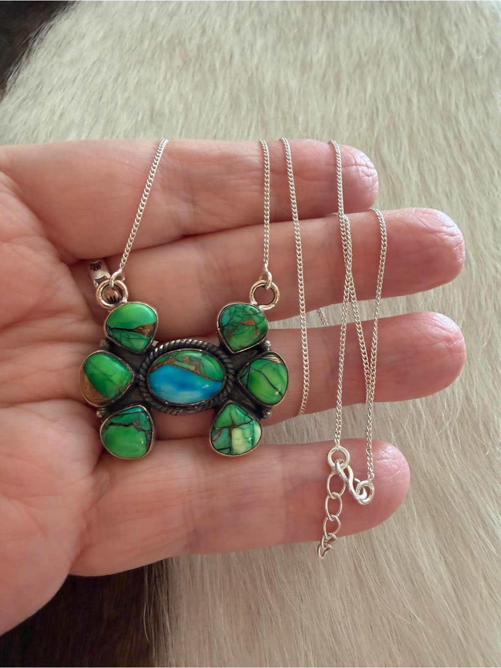 ❤️ Peacock Dahlia Kingman Turquoise Sterling Silver Pendant Necklace ADJ 21.15”L